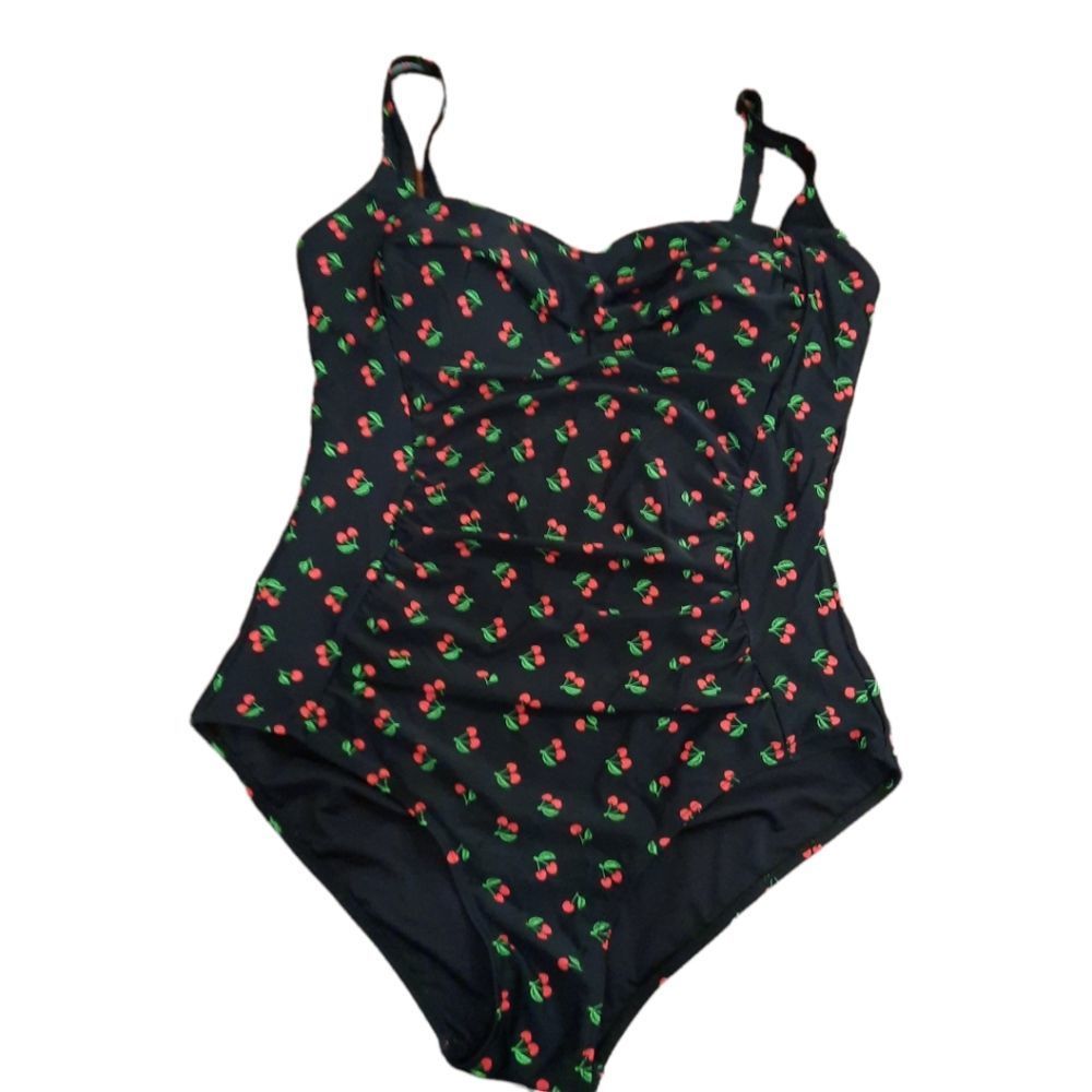 One piece bathing suit black with cherries